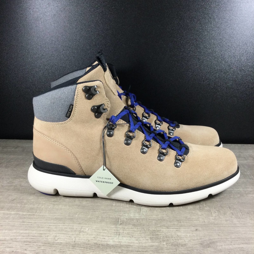 Cole Haan Beige Suede Hiking-Style Boots with Blue Laces